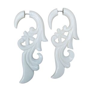Hand Carved Horn Floral Faux Gauge Earrings Wave Scroll Bali New